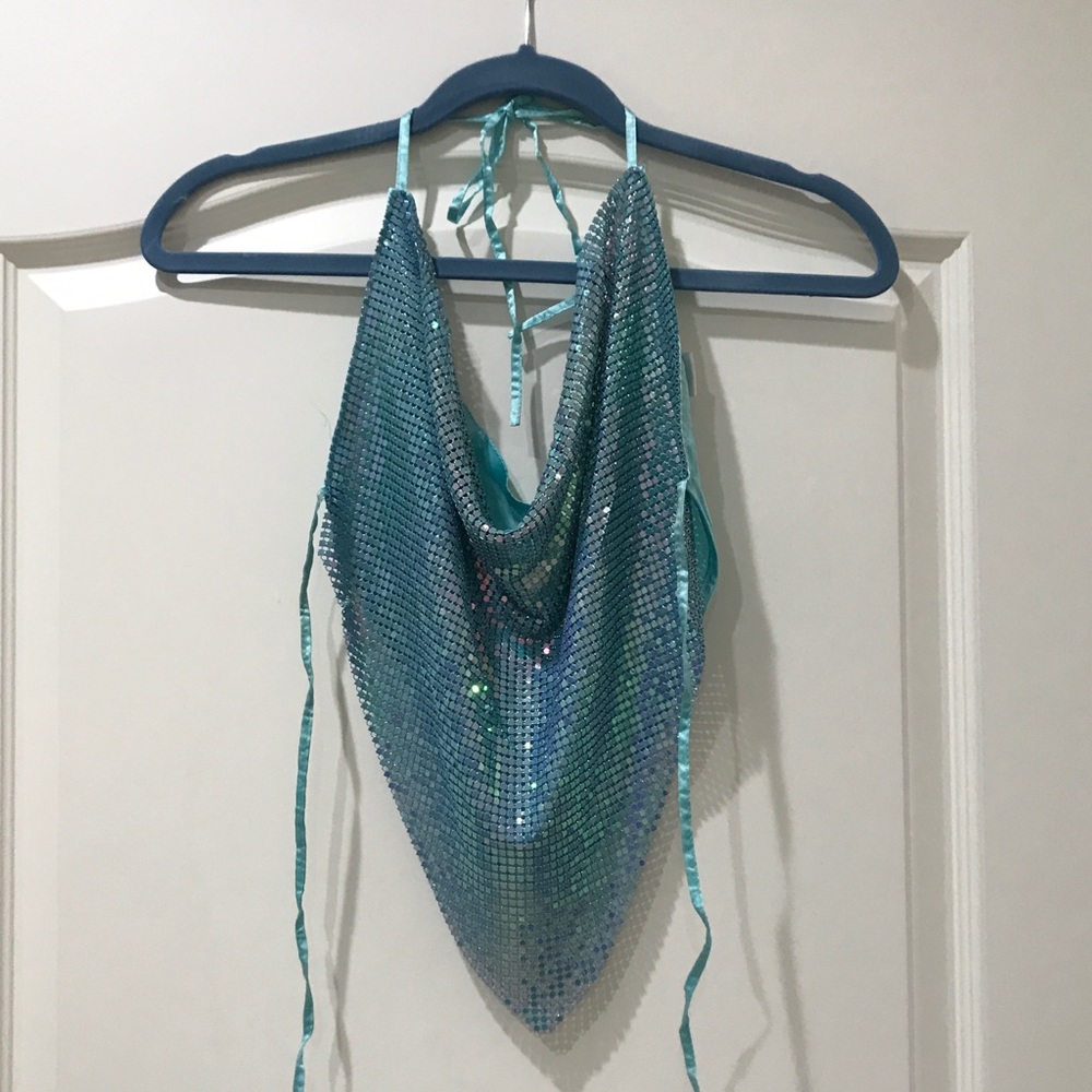 Blue cascade halter top